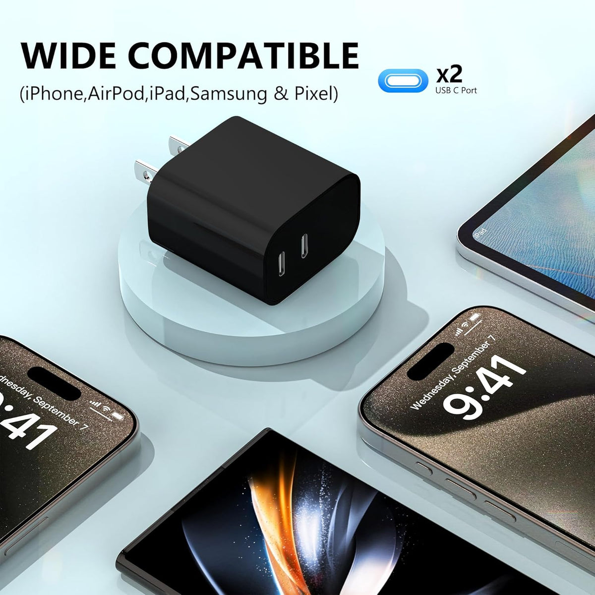 USB C Charger Block 3 Pack, Dual Port 20W Fast Wall Plug (Black) | 20W PD fast charging USB C block for iPhone 17 16 15 14 13 12 11, iPad Pro, iPad Air, AirPods and Apple Watch.