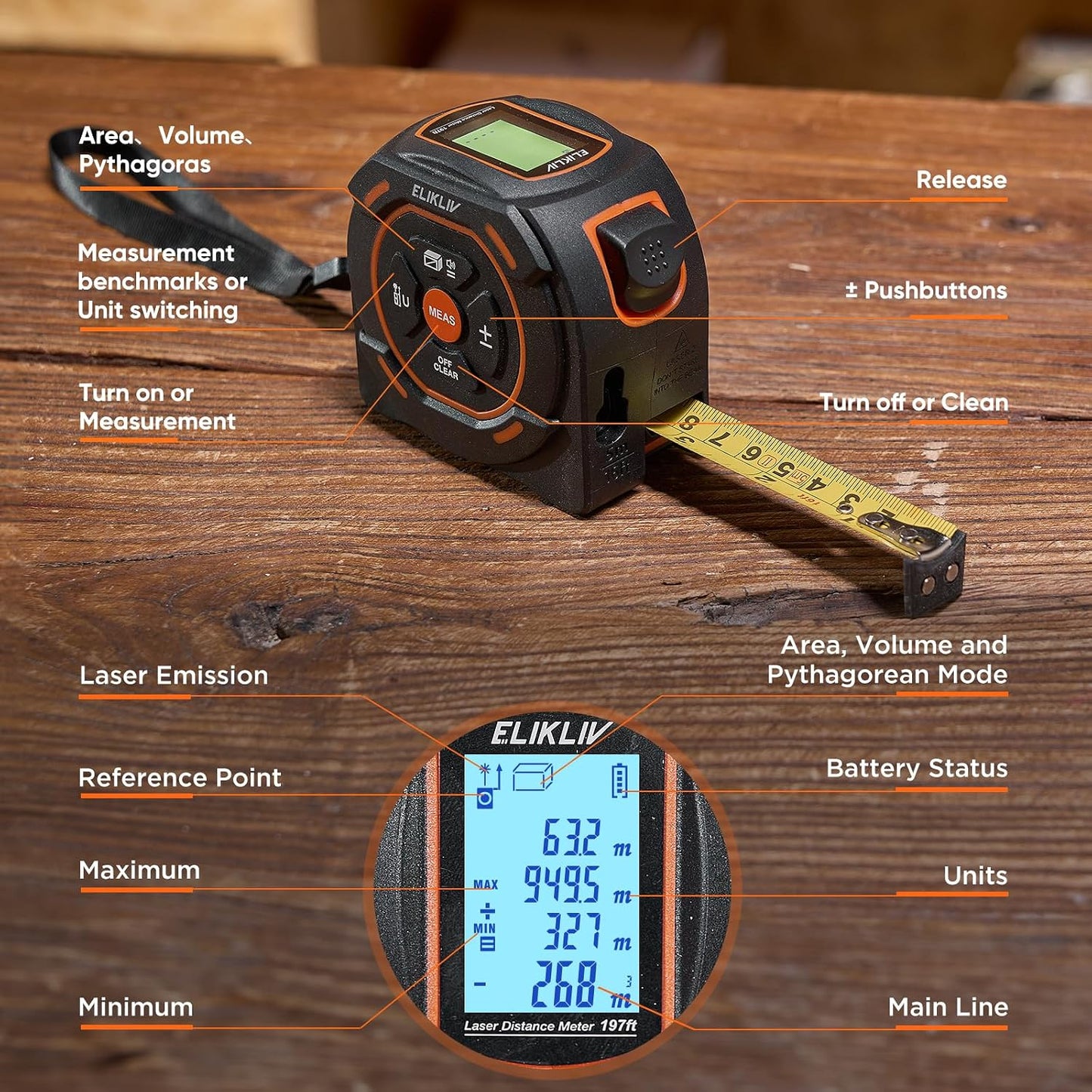 Laser Tape Measure 2-in-1, 197Ft Laser & 16Ft Digital Tape Measure | LCD Display, Pythagorean Mode, Area/Volume Calculation, USB-C Rechargeable, For Woodworking and Construction