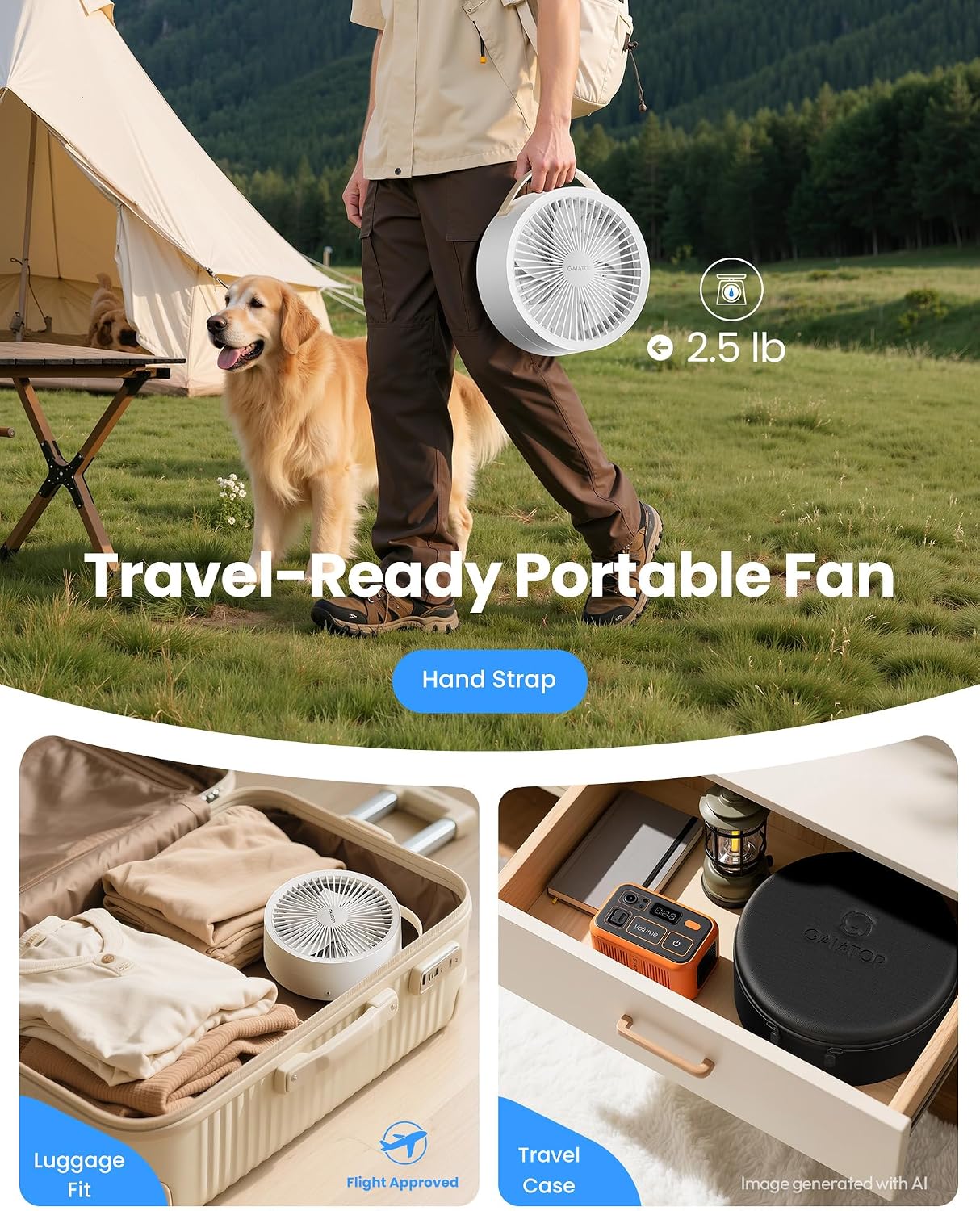 Gaiatop Portable Pedestal Fan 16000mAh Battery [Max 74h Runtime], Foldable Oscillating Standing Fan, Collapsible Desk Fans, LED Light, Case & Remote Control 4 Speeds for Outdoor Travel Camping (White)
