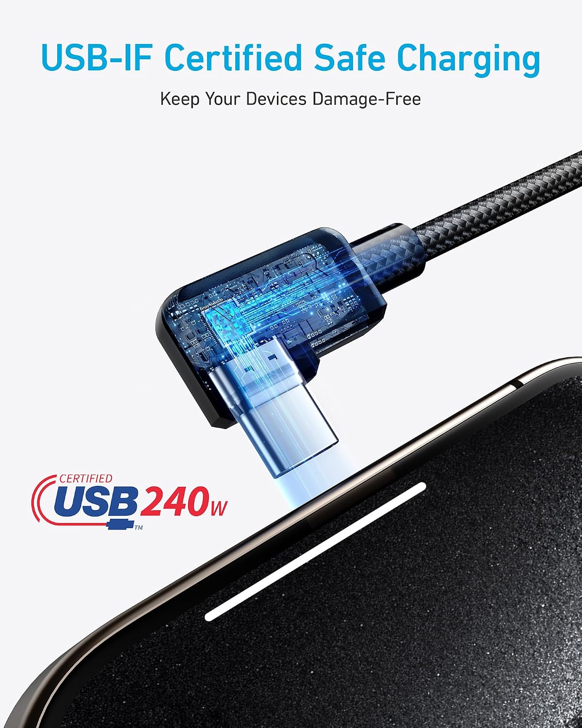 Anker USB C to USB C Right-Angle Cable, 240W (2-Pack, 6 ft, Black) | 90-Degree Braided USB C Charging Cord for iPhone 17 Series and More