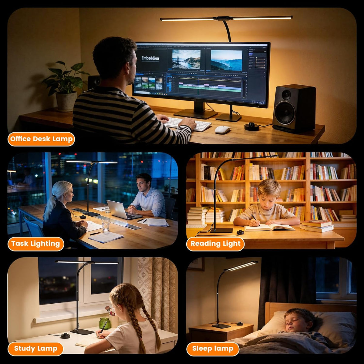 Desk Lamp for Home Office,Adjustable Double Head Desk Light with Base Black