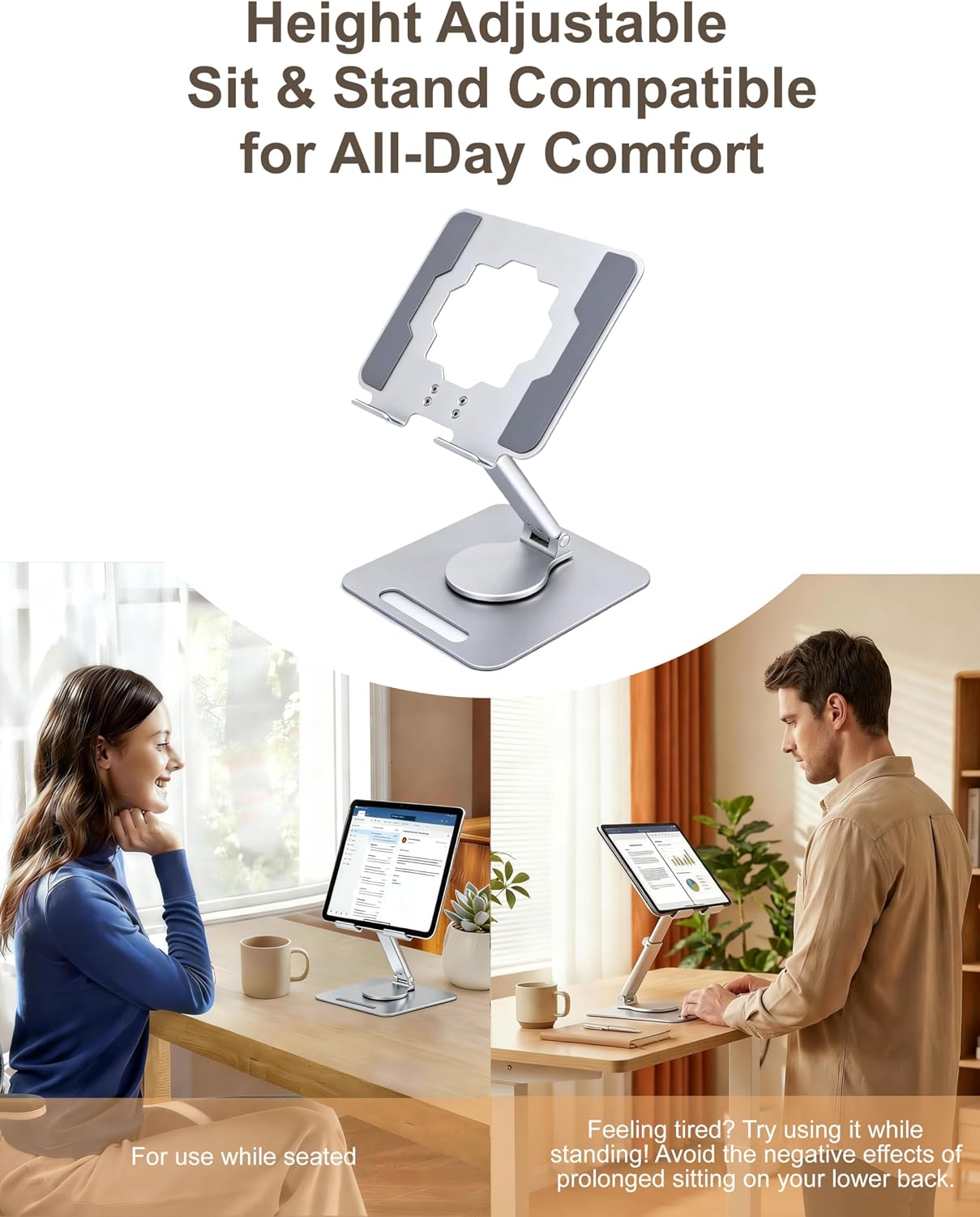 Laptop Stand, Height Adjustable 360° Swivel Anti-Wobble Base | Ergonomic, dual-axis, aluminum arm, carbon steel base, hollow cooling panel, fits 10-17" laptops, foldable, home office