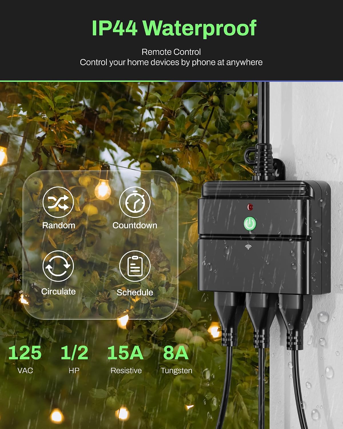 BN-LINK Outdoor Smart Wi-Fi Plug,Heavy Duty 3 Grounded Outlet Timer,2.4GHz | IP44 Weatherproof for Garden & Patio, Works with Alexa & Google Assistant, Voice & Remote Control, Schedule & Countdown
