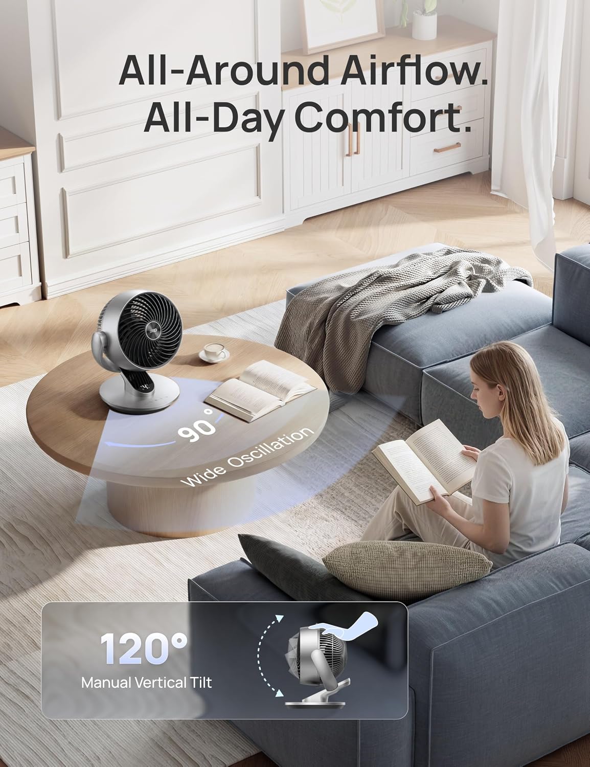 DREO Smart Fan for Bedroom,120° Vertical and 90° Oscillating Fan with Remote/Voice, 13 Inch Height Quiet Air Circulator for Whole Room, 70 ft, 4 Speeds, 5 Modes, 12H Timer, Desk Fans for Home, Office