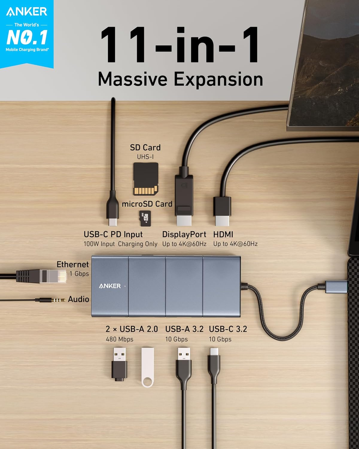 Anker USB C Hub, 11-in-1 Docking Station Dual Monitor, 10 Gbps USB-C and USB-A Data Ports, 4K HDMI and DisplayPort, 85W Power Delivery, 2 Data Ports, Ethernet, for XPS