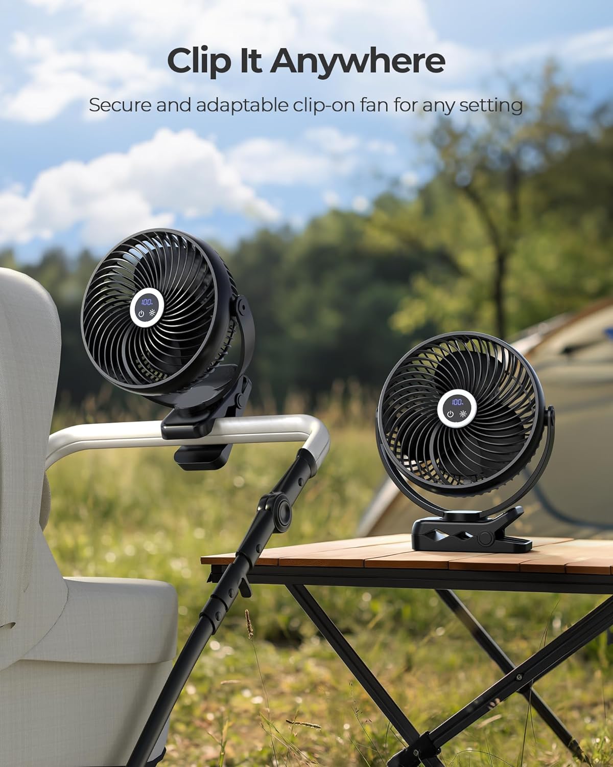 Koonie 8'' 10000mAh Portable Clip on Fan with LED Lantern and Hook | Battery Operated Desk Fan, Quiet Camping Fan with LED Digital Display, 360° Rotation & 3 Speeds for Travel Tent Gym Treadmill