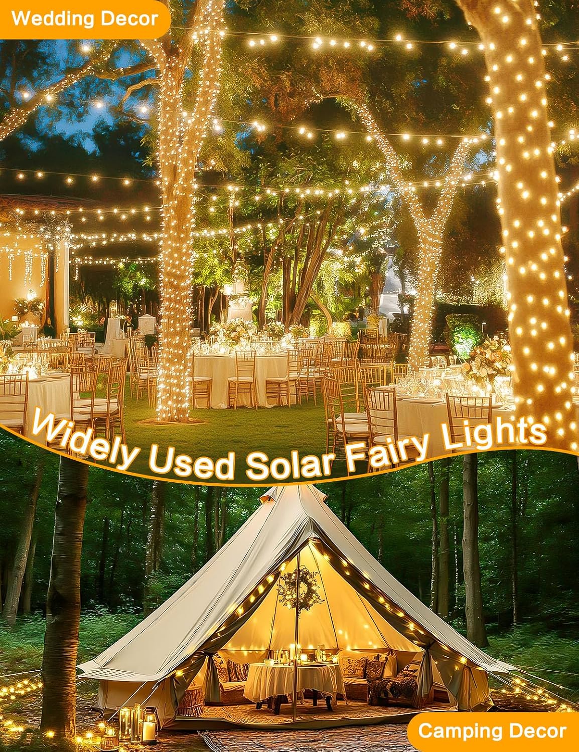 Solar String Lights Outdoor, 2 Pack 80 FT 200 LED Fairy Lights | Warm White, 8 Modes, Memory, Auto On/Off, IP65 Waterproof Copper Wire Twinkle Light for Garden Tree Patio Fence Wedding Decor
