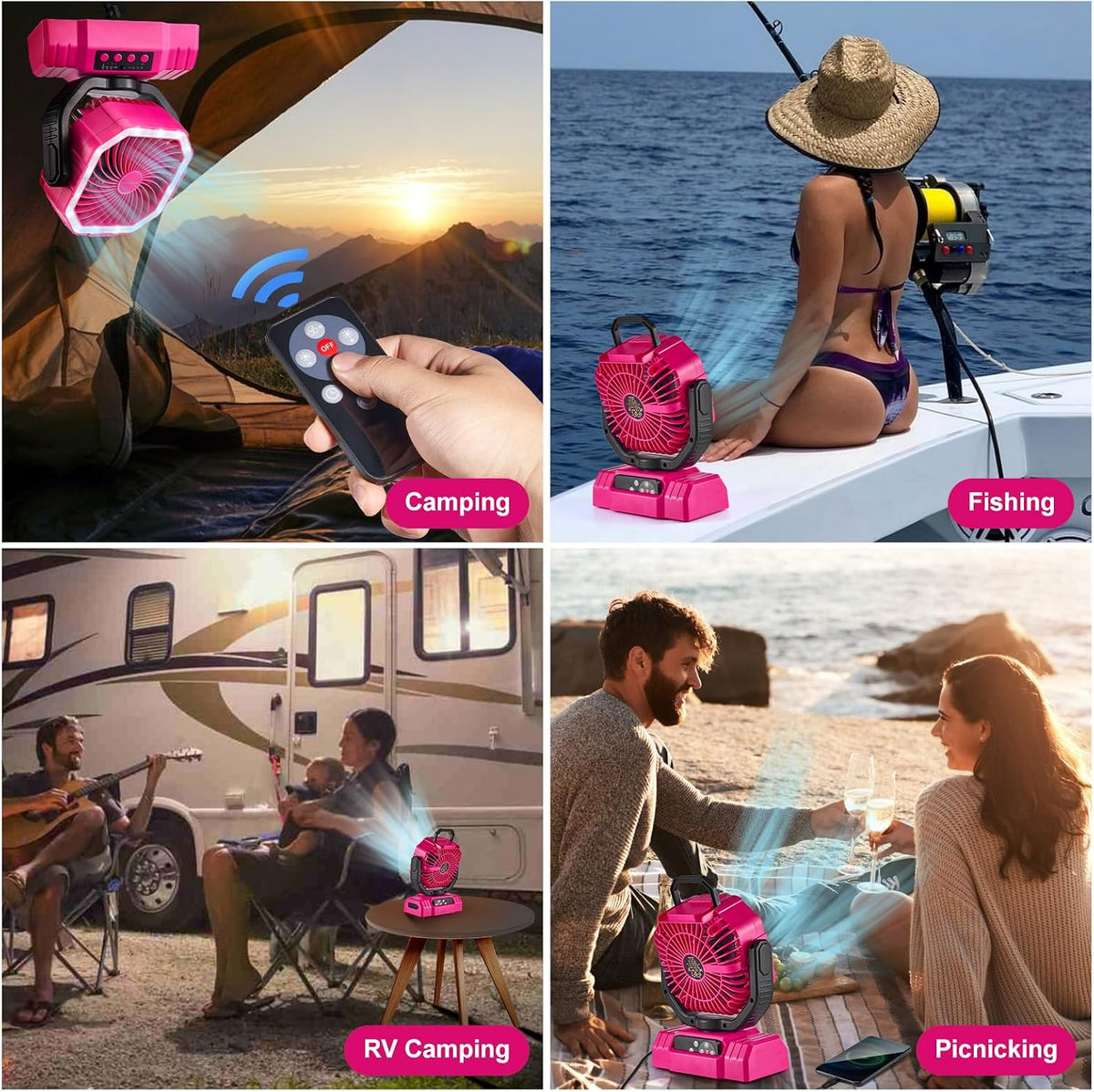 Odoland Portable Camping Fan with Light, 20000mAh Rechargeable Battery Fan | Desk Fan with Auto Oscillation, Timer, Remote, 360° Rotation Hook, 4 Speeds for Power Outage Travel Home, Pink