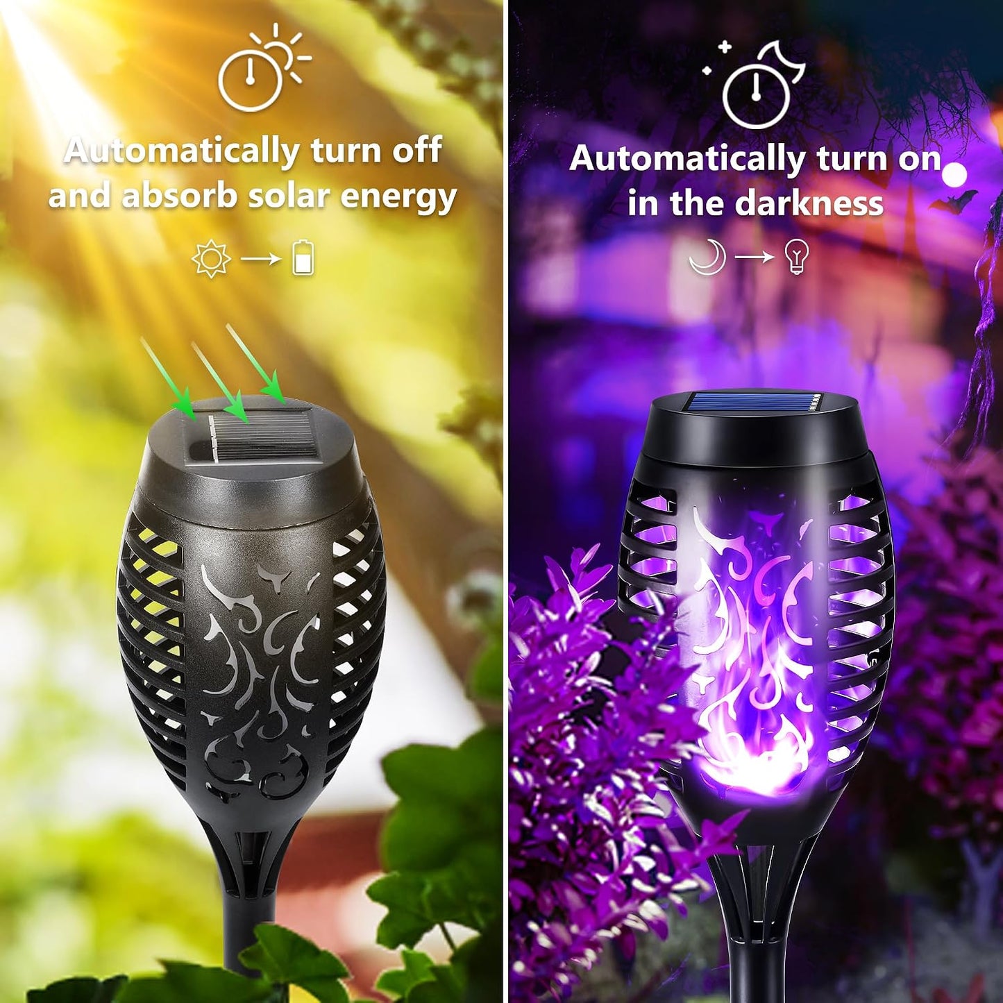 Toodour Solar Torch Flame Lights, 12 Pack Solar Halloween Lights Outdoor | with Flickering Flame, Waterproof Patio Light Landscape Decoration Lighting for Garden Yard Outdoor Halloween Decor - Purple