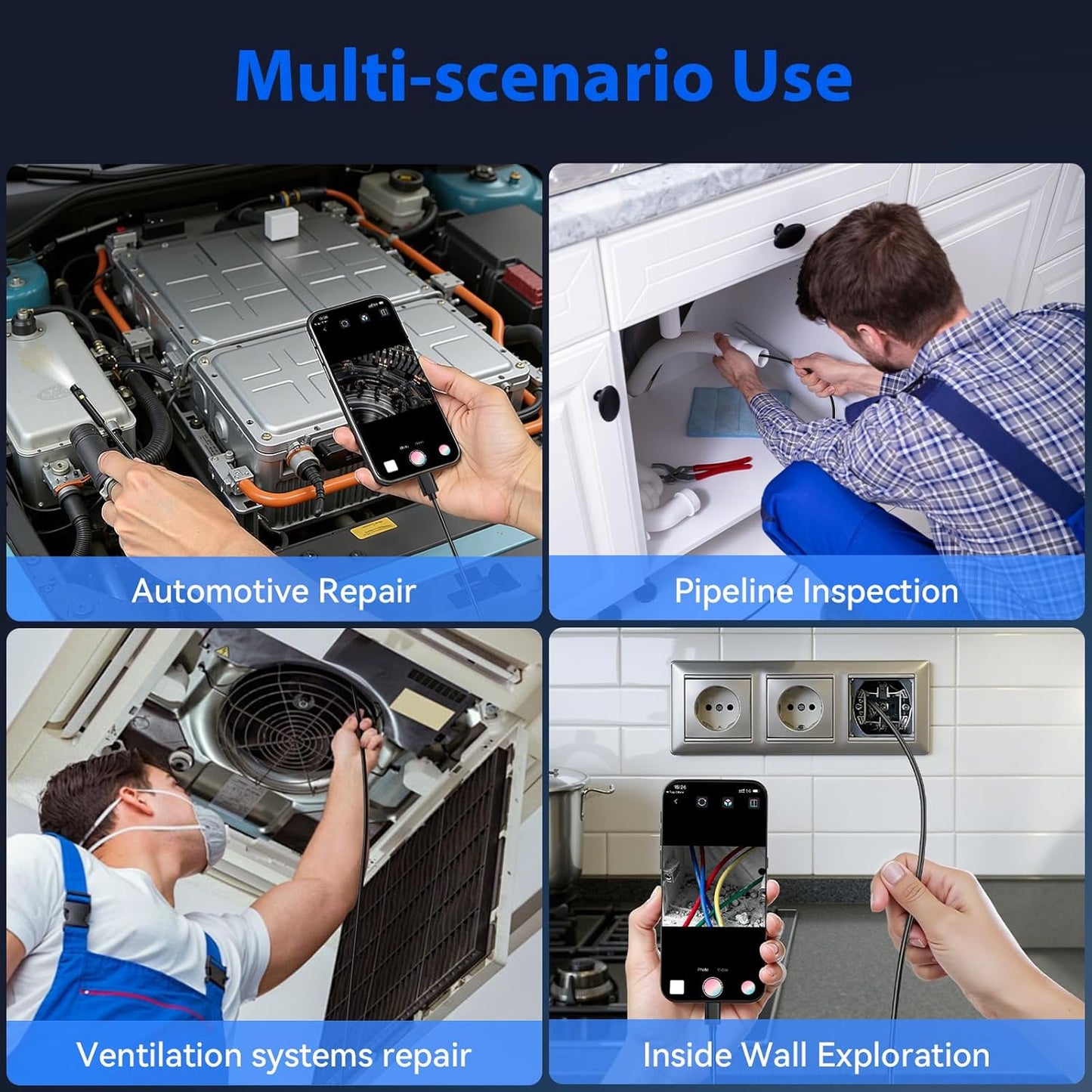 Endoscope Camera with Light, Dual-Lens 1920P HD Borescope Tools with 8+1 Adjustable LED Lights, 16.4FT Semi-Rigid Snake Cord IP67 Waterproof Inspection Camera for iPhone, iPad, iOS and Android Phone