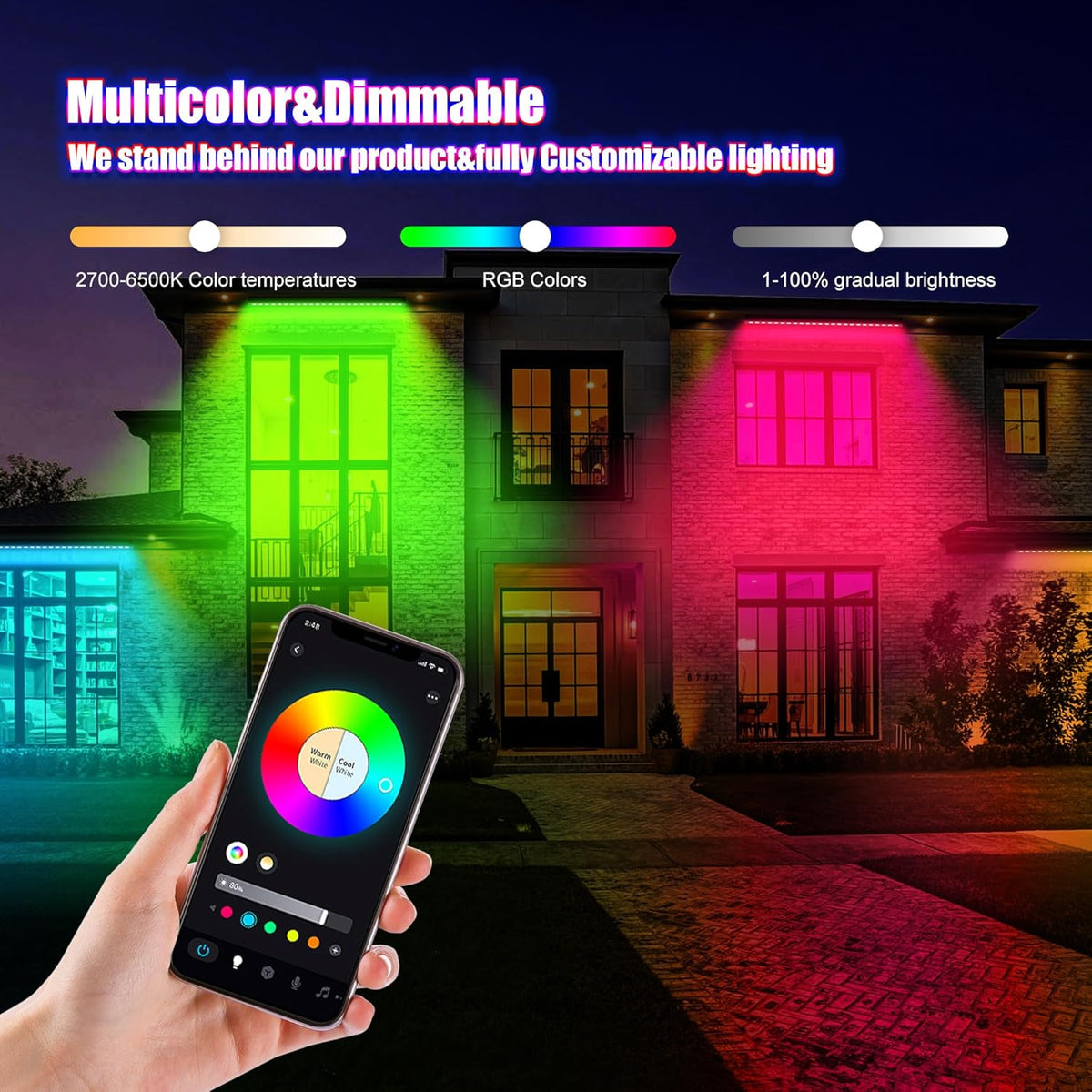 Smart Outdoor RGBCW LED Light Bar 20″, Color Changing Wall Washer with App & Remote Control, 2700K–6500K Tunable White Floodlight, IP65 RGB Stage/Porch Lights for House, Music Sync,