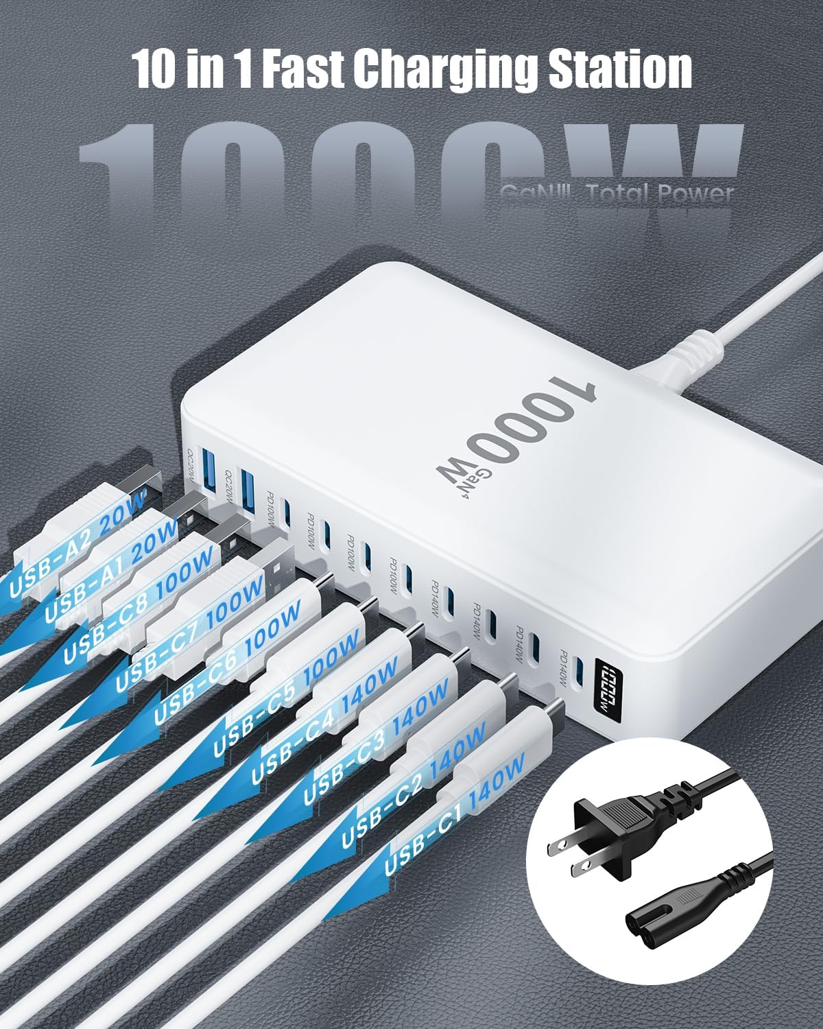 1000W USB C Charger Block,10-Port USB C GaN Multiple Port Charging Station