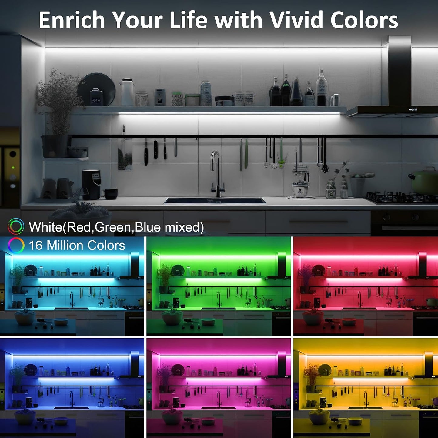 LAFULIT 8 Pack RGB Under Cabinet Lights with App and Remote Control | Music-Sync Color-Changing Plug-In LED Strip Lights for Cabinets, Counters, Shelves and Bookcases, 13 ft