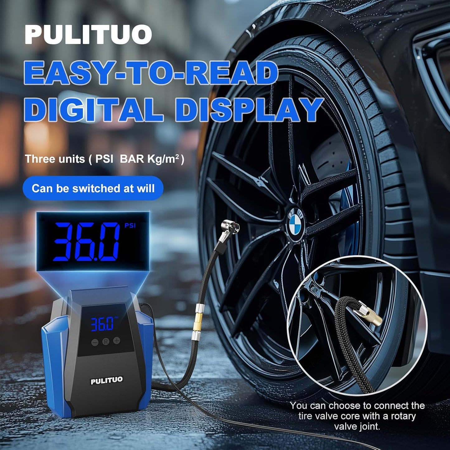 12V DC Tire Inflator - Portable Air Compressor 35L/min, 150 PSI Car Tire Pump with Auto Shut Off, Digital Pressure Gauge and LED Light, Blue