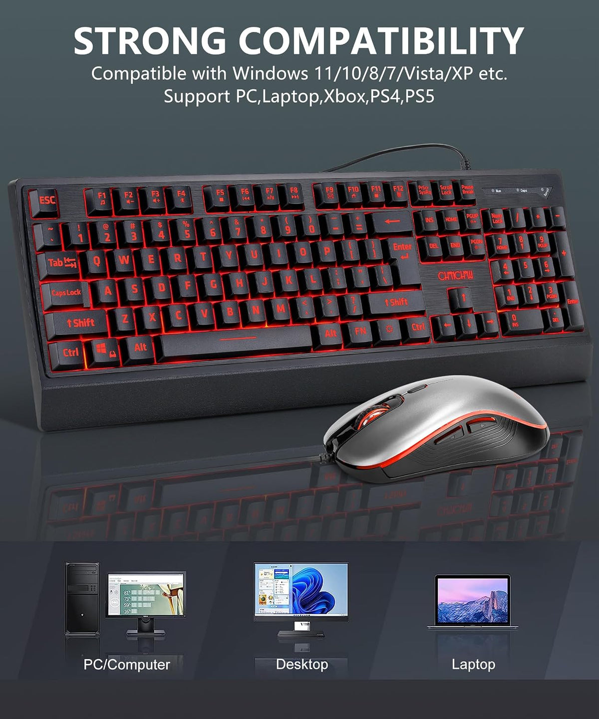 USB Wired Keyboard and Mouse Combo with Backlit, Large Print for Computer