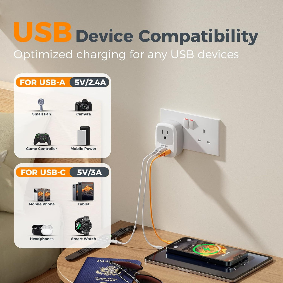 TESSAN US to UK Plug Adapter, Type‑G Adaptor 3‑Pack | 3 USB Ports (1 USB‑C), for Ireland Scotland Dubai Hong Kong Kenya London England