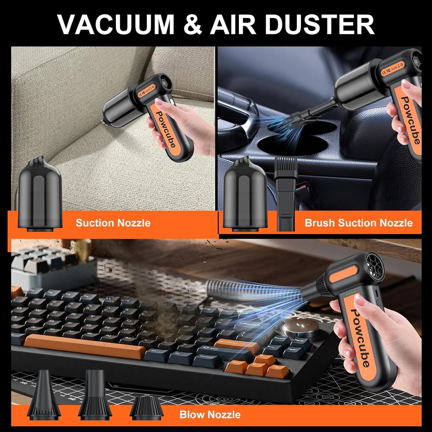 2-in-1 Compressed Air Duster 180000RPM Powerful Motor, Cordless Vacuum Cleaner with 10,000mAh Battery, Portable Electric Air Duster, Dust Blower for Computer, Keyboard, Outdoor, House, Car and Office