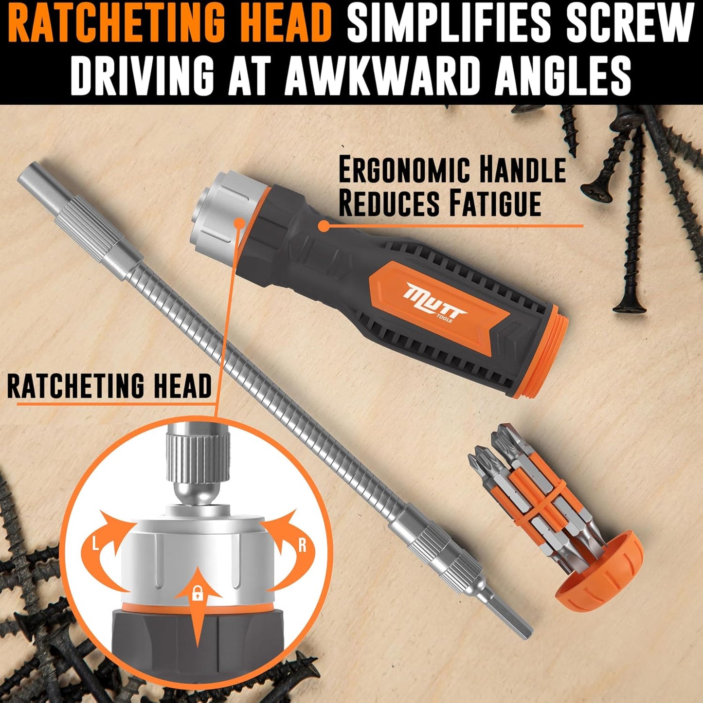 Mutt Tools Flexible Screwdriver Set 12-in-1 with Bendable Shaft & Torx Bits | 12-in-1, Flexible Shaft, 90 Degree Bend, Ratcheting, Tight Spaces