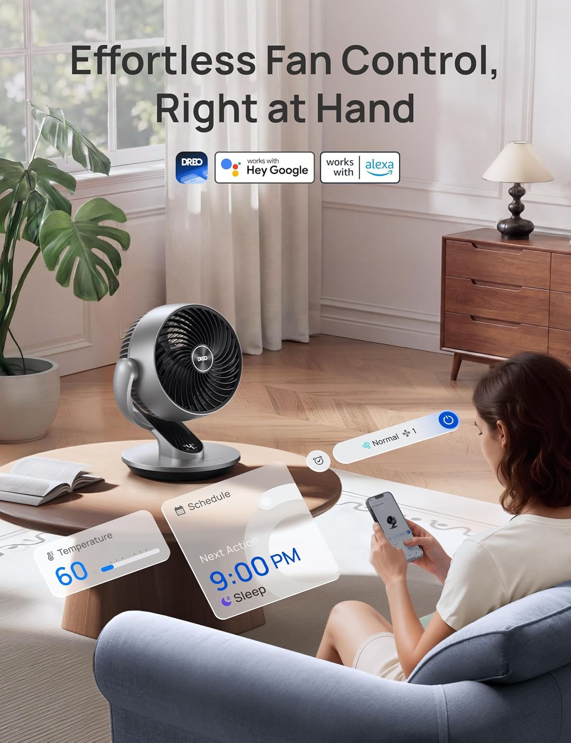 DREO Smart Fan for Bedroom,120° Vertical and 90° Oscillating Fan with Remote/Voice, 13 Inch Height Quiet Air Circulator for Whole Room, 70 ft, 4 Speeds, 5 Modes, 12H Timer, Desk Fans for Home, Office
