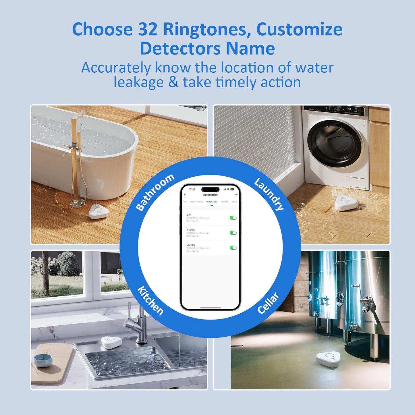 Smart Water Leak Detectors for Home WiFi with App Alerts, Stechro Ajustable 120dB Water Sensor Alarm Leak Detector for Basements Sink Kitchen Laundry, 4 Water Sensors & 1 Gateway
