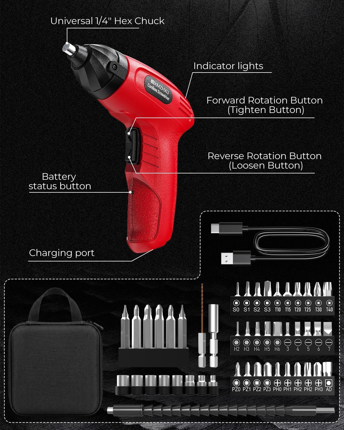 3.6V Cordless Screwdriver, 50-Piece Small Electric Screwdriver Set, Rechargeable with 6 N.m Precision Torque, 1.5H Type-C Fast Charging, Power Tool for Furniture Assembly & Home DIY, Red