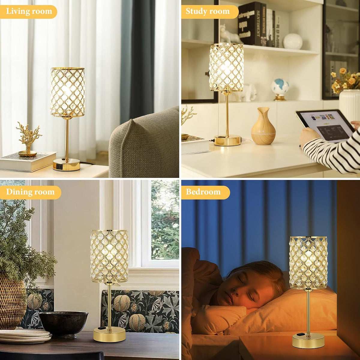 Hong-in Gold Lamps for Night Stands, Crystal Table Lamp with Touch Control | 3-Way Dimmable, USB-C+A & AC Outlet, Desk Lamp for Bedside, Nightstand, Living Room, Home Office, Bulbs Included