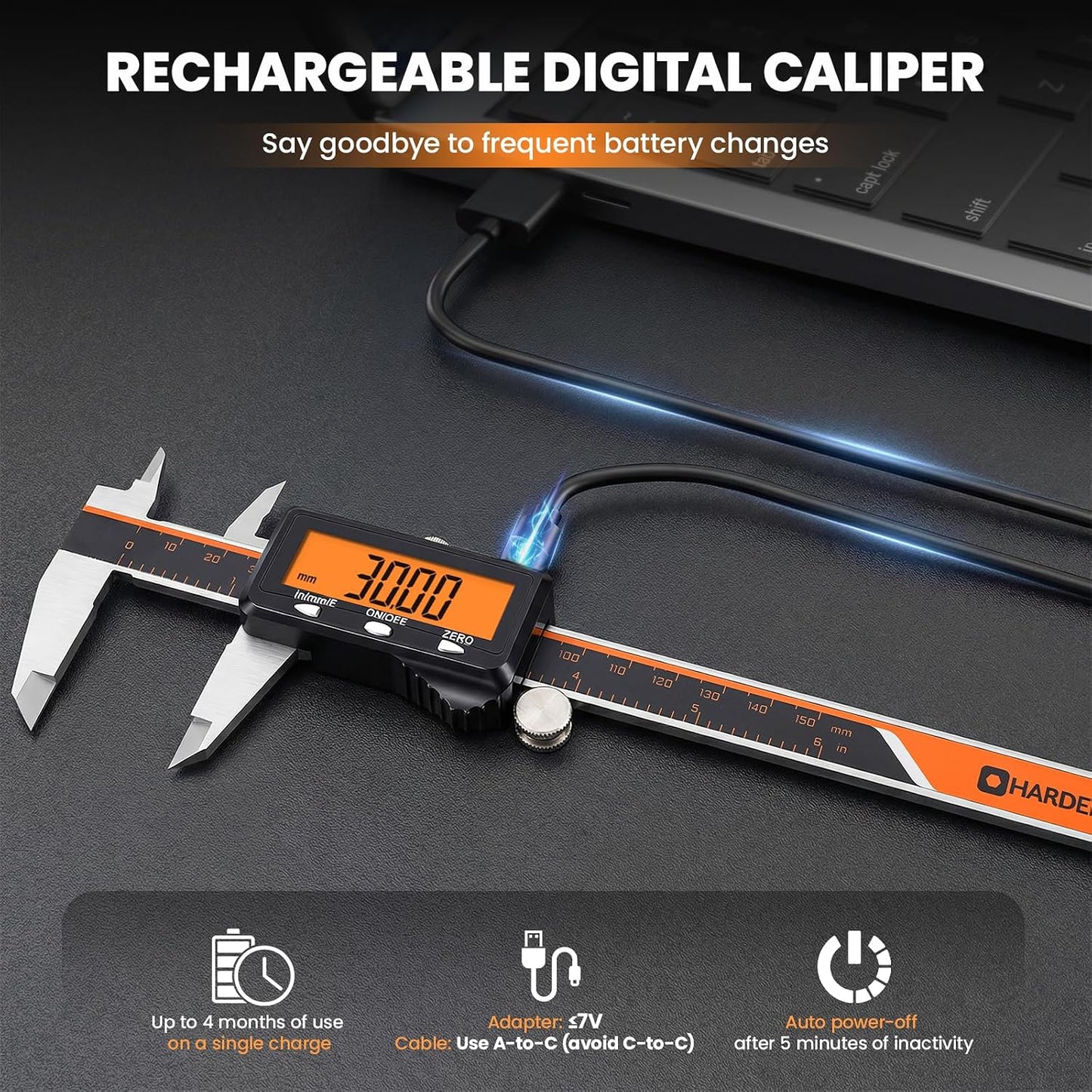 HARDELL Digital Caliper 6 Inch with Orange LCD, USB-C Calipers, Non-Backlit | Easy-read Orange LCD, Stainless Steel & USB-C Micrometer, Inch/mm/Fraction, Auto-Off. For DIY, 3D Printing, Hobbies