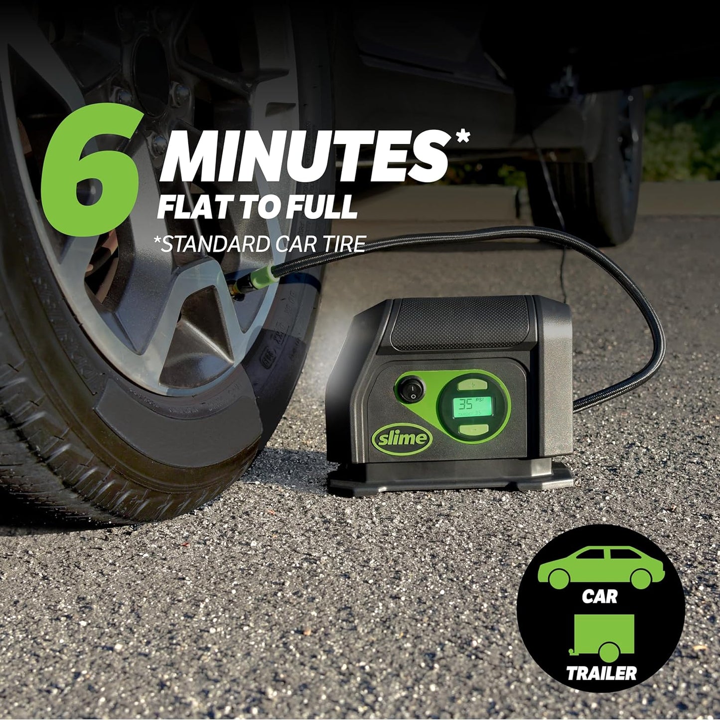 Slime 40088 Tire Inflator, Portable Car Air Compressor, Inflate Right automatic shut off, with Digital 99 psi Display, Long Hose and LED Light, 12V, 6 min inflation