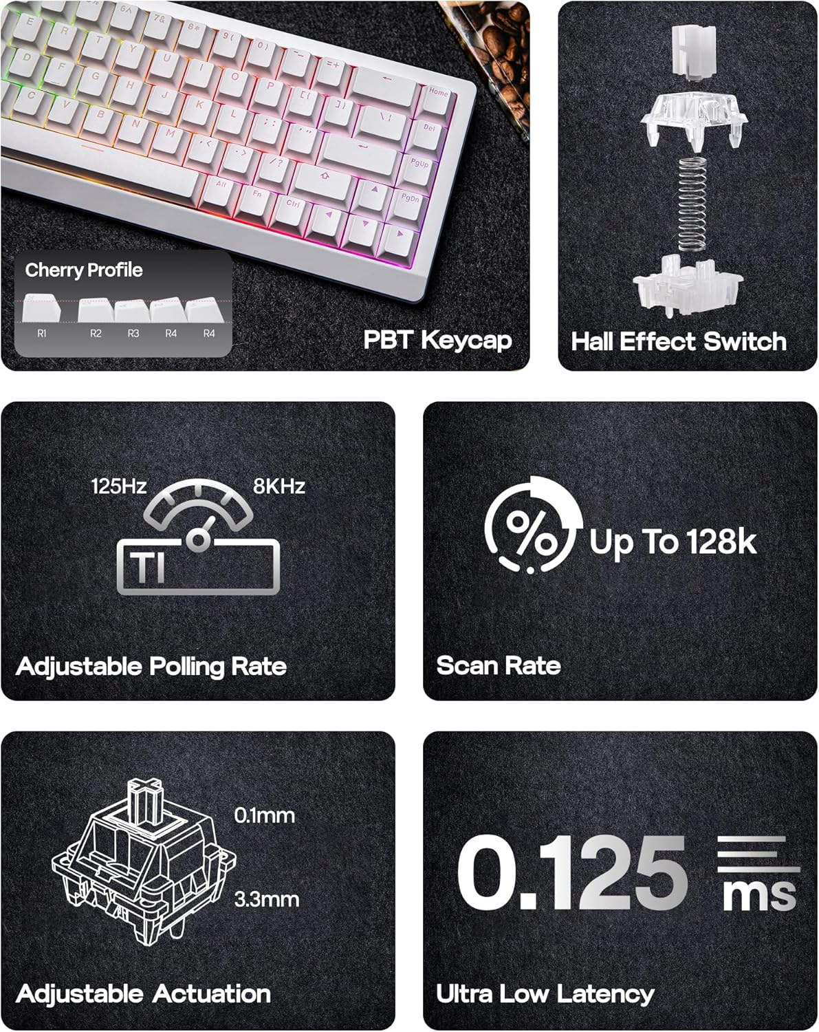 EPOMAKER HE68 Lite Hall Effect Gaming Keyboard, 8k Polling & 128K Scan Rate, 0.01mm Adjustable Trigger, 0.125ms Latency, 5-Layer Sound-Dampened, Snap Key, SOCD, A-RGB, Wired, Mac Software (White)