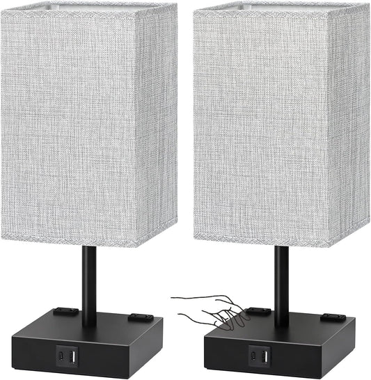 Bedside Table Lamps Set of 2 - Touch Nightstand Lamp for Bedroom with USB C+A Charging Ports & AC Outlets, 3-Way Dimmable Desk Lamp Grey Fabric Shade for Bedroom Living Room, Office(Bulb Included)