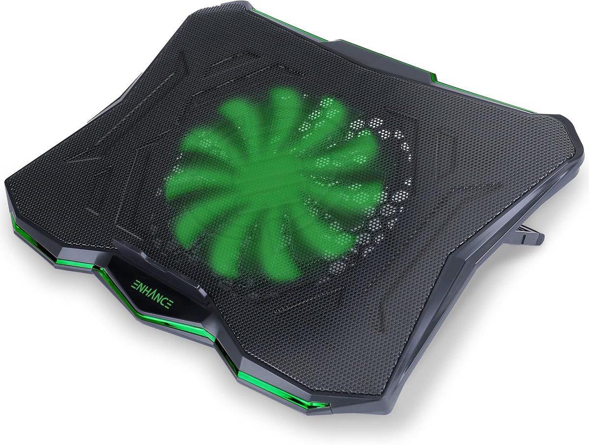 ENHANCE Cryogen 5 Gaming Laptop Cooling Pad Stand - Laptop Cooler with 7 Adjustable Height Settings & Dual USB Ports up to 17 inches - 1 Ultra Quiet High Performance LED Fan 800 RPM - Green