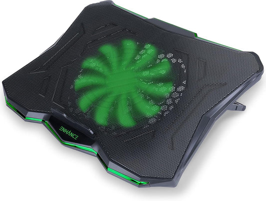 ENHANCE Cryogen 5 Gaming Laptop Cooling Pad Stand - Laptop Cooler with 7 Adjustable Height Settings & Dual USB Ports up to 17 inches - 1 Ultra Quiet High Performance LED Fan 800 RPM - Green