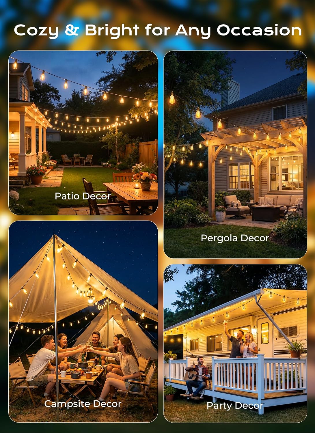 Brightown 52FT Solar String Lights Outdoor Waterproof, Up to 26Hrs Runtime | 15+1 LED Bulbs, USB & Solar Powered, Remote Control & Dimmable Timer, Ideal for Backyard, Garden, Camping & Party Decor
