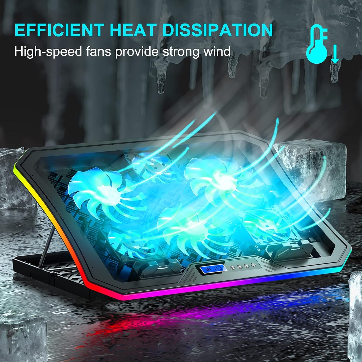 TopMate C12 Laptop Cooling Pad RGB Gaming Notebook Cooler for Desk and Lap Use, Laptop Fan Stand 8 Adjustable Heights with 6 Quiet Fans and Phone Holder, for 15.6-17.3 Inch Laptops-Ice Blue LED Light