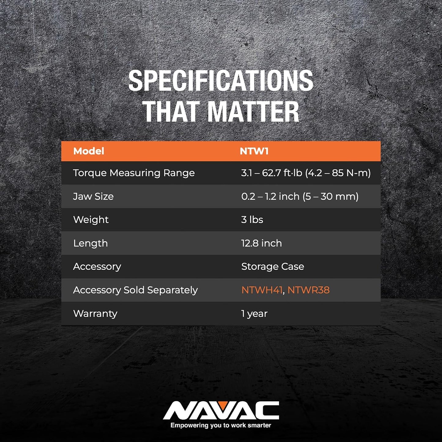 NAVAC NTW1 Digital Torque Wrench - Adjustable Jaw - Digital Readout - Torque Settings Memory - Dual Direction - Selectable Measuring Units - Indicator Lights and Sound - 1 Year Warranty