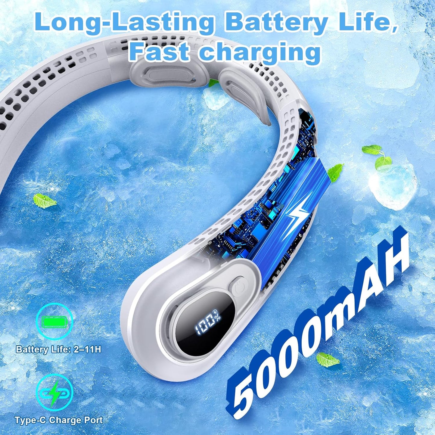 Portable Neck Fan Rechargeable - [with LED Display] 5 Speeds, 5000 mAh Battery Operated Wearable Personal Cooling Bladeless Fan for Outdoor Travel, Gifts for Men Women Kids,Gray