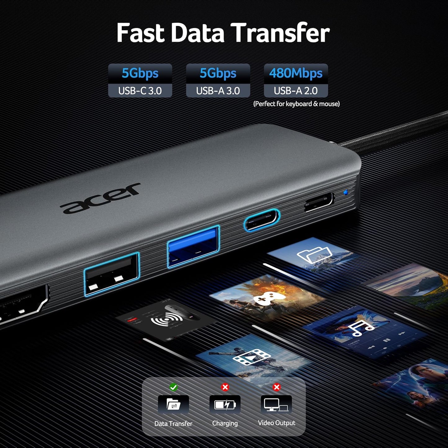 Acer USB C Hub, 5-in-1 USBC to HDMI Adapter with 4K@60Hz for Laptop/Mac | USBC Splitter Docking Station with HDMI 2.0, 100W PD, USB-C, USB-A 3.0 & USB-A 2.0 Data Ports for iPad Pro, iPhone 17 Pro Max