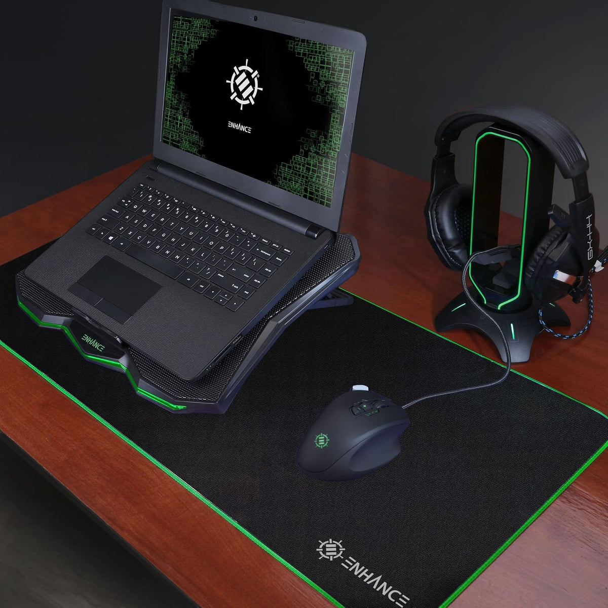 ENHANCE Cryogen 5 Gaming Laptop Cooling Pad Stand - Laptop Cooler with 7 Adjustable Height Settings & Dual USB Ports up to 17 inches - 1 Ultra Quiet High Performance LED Fan 800 RPM - Green