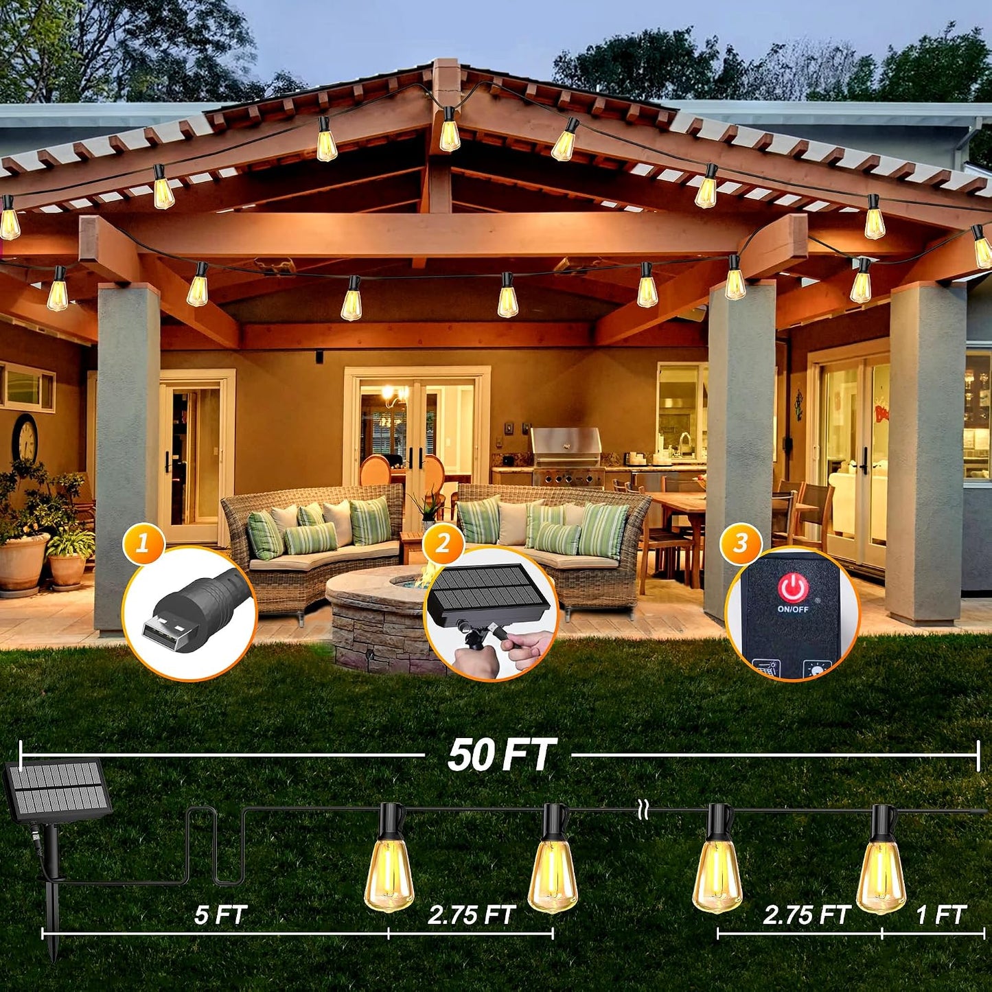 BLIATLUS 50FT Solar String Lights Outdoor Remote 17 Shatterproof LED Bulbs | Waterproof Remote Control Solar Lights Porch Garden Market Bistro Patio Backyard Fence