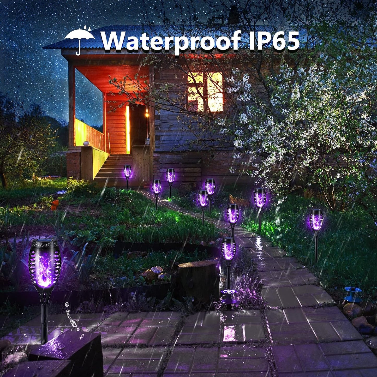 Toodour Solar Torch Flame Lights, 12 Pack Solar Halloween Lights Outdoor | with Flickering Flame, Waterproof Patio Light Landscape Decoration Lighting for Garden Yard Outdoor Halloween Decor - Purple