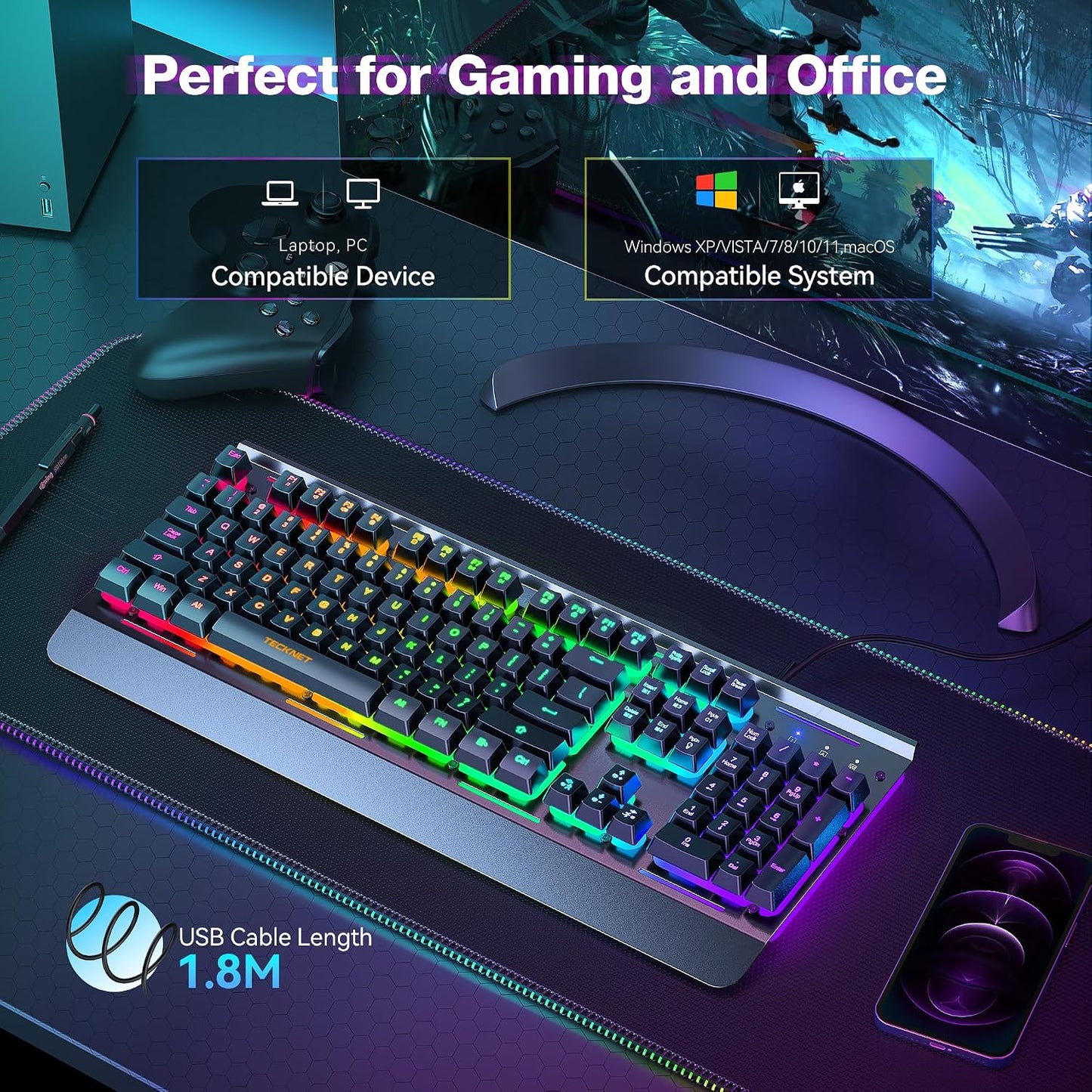TECKNET Wired Gaming Keyboard, RGB Backlit Keyboard with Metal Panel Design | 15-Zone RGB Illumination, Whisper Quiet Design, IP32 Water Resistance, 25 Anti-ghosting Keys, Ergonomic Design