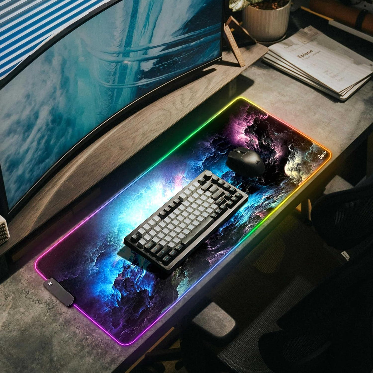 RGB Gaming Mouse Pad, Large LED Desk Mat, 31.5 x 11.8 Inch | 12 light modes, non-slip base, water-resistant surface, stitched edges