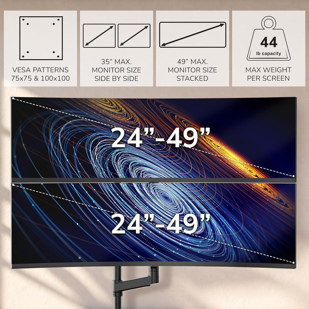 Mount-It! Dual Ultrawide Monitor Desk Mount for 17–49” Screens, Height-Adjustable Stacking Arms with Pole, Heavy Duty Gas Spring, Full Motion, VESA 75/100, Clamp or Grommet