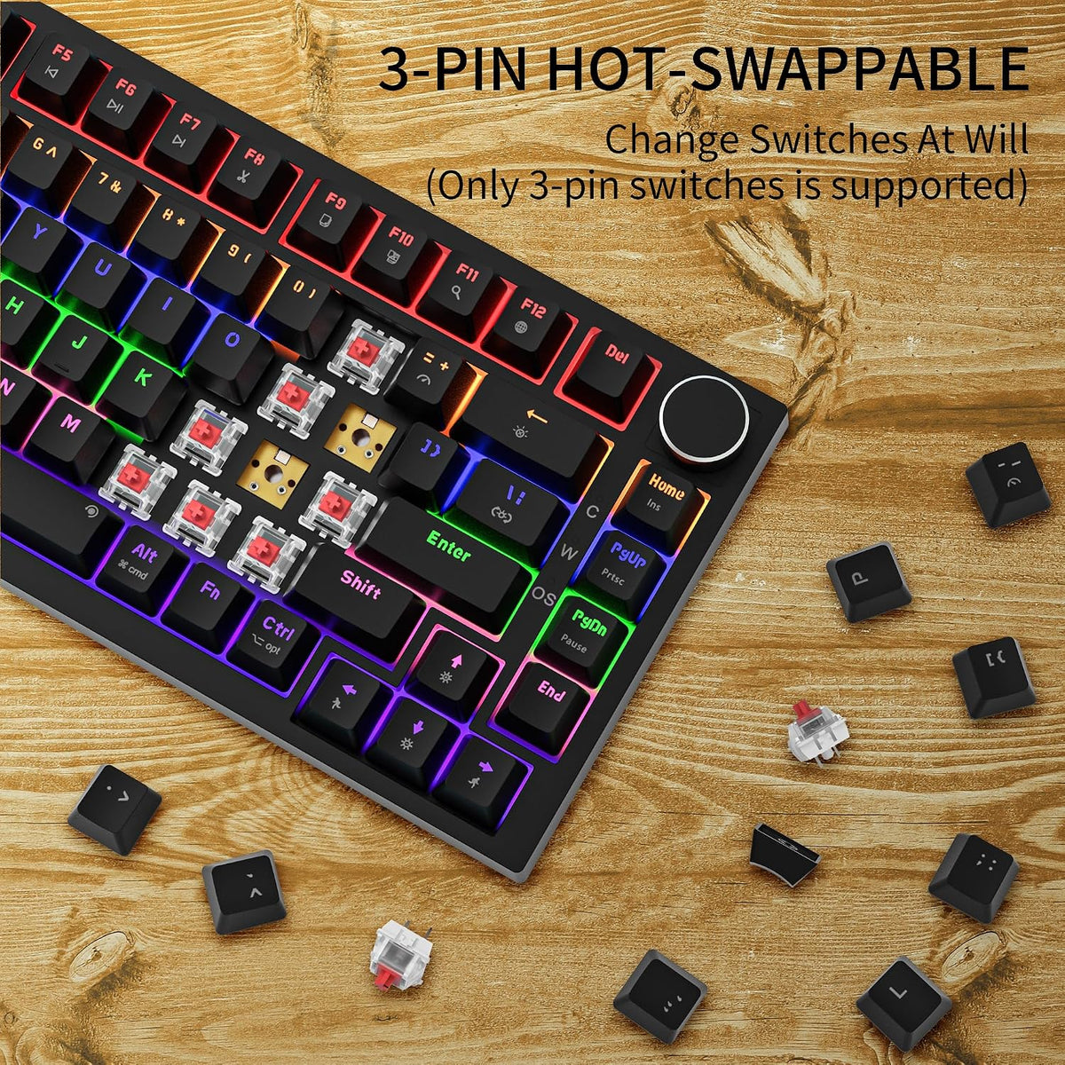 Newmen GM326 Mechanical Keyboard,75% Percent Gaming Keyboard,Wired Keyboard | Mechanical Keyboard,75% Percent Gaming Keyboard,Wired,Backlit,Hot Swappable,Compact,Mini,Black,PC Keyboards,Knob,Red Switch