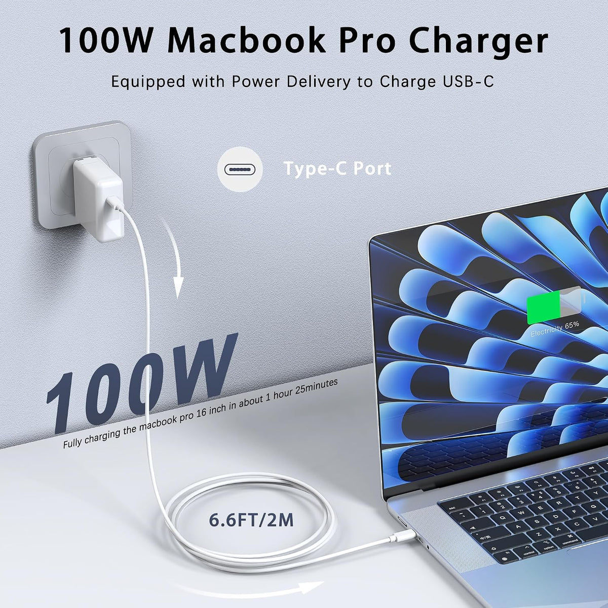 100W GaN USB C Laptop Charger for MacBook Pro/Air Power Adapter | Compatible with MacBook Pro/Air M1-M5, 13-16 Inch, iPad Pro, Samsung Galaxy and more USB-C devices with foldable plug
