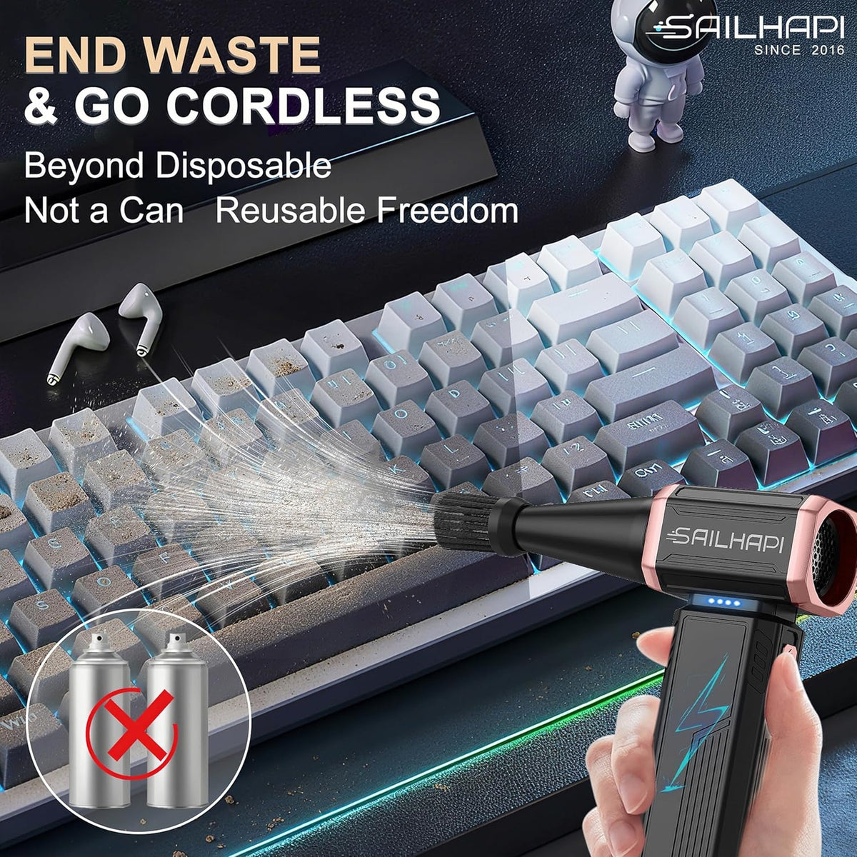 Compressed Air Duster 300000RPM, Cordless Electric Dust Blower | High Speed, Variable Speed Durable Cleaner for Gamer, Keyboard, Car, PC & Desk, Replaces Canned Air, Barber Gifts for Men