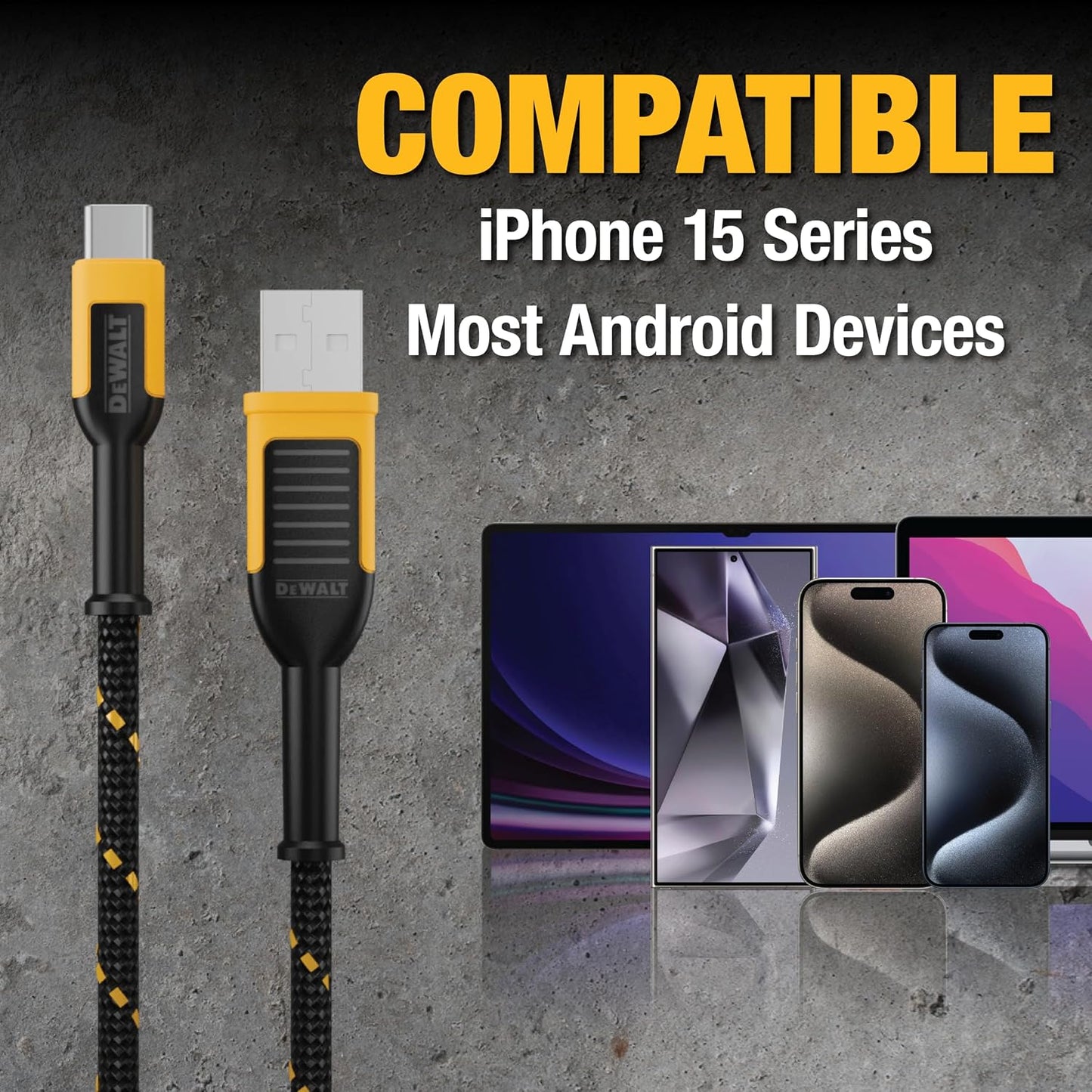DEWALT Heavy Duty USB C Cable | Premium Braided Nylon USB A to Type C Charger Cable Fast Charging for iPhone 17/16/15 Series, LG V30 (USB 2.0, Black)