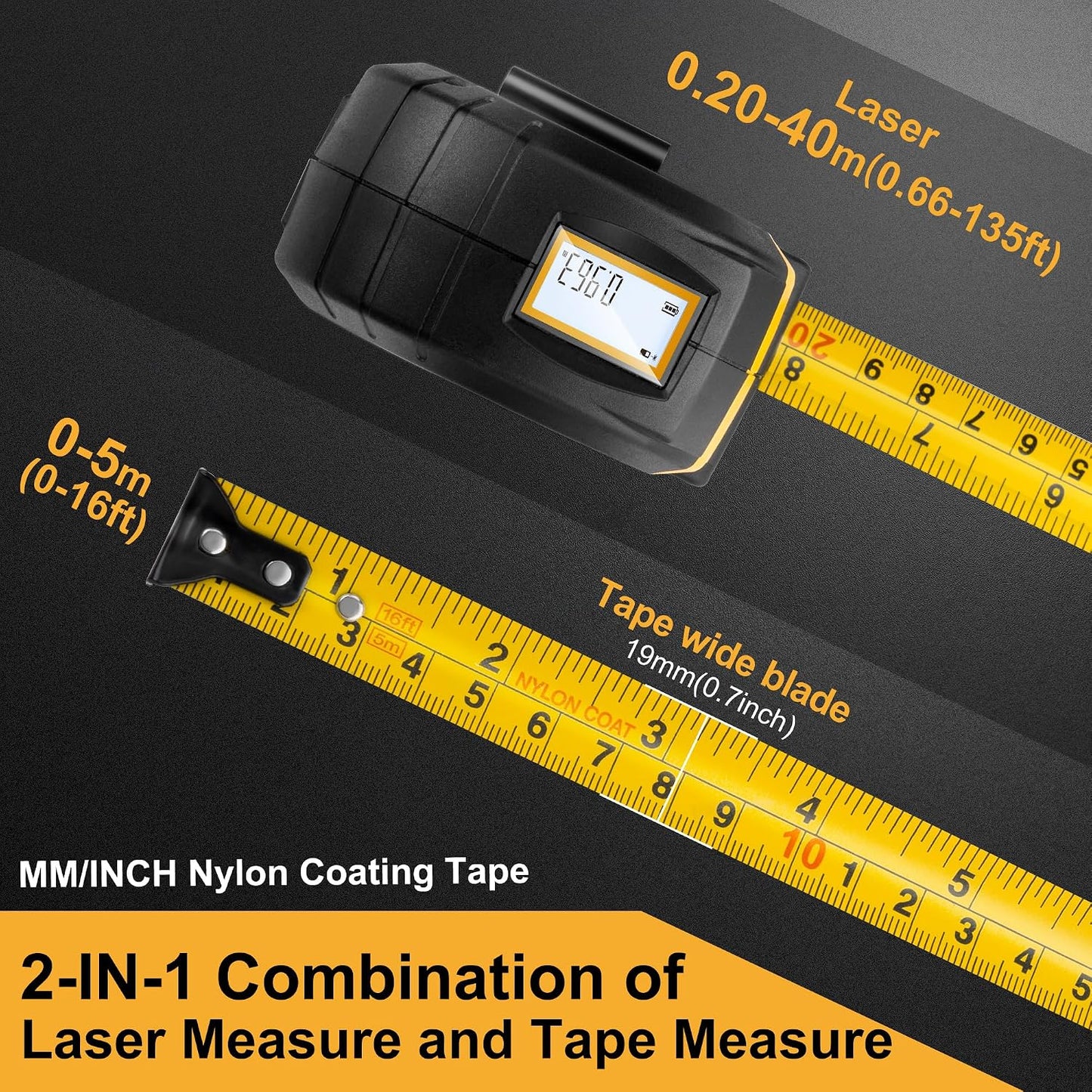 PREXISO 2-in-1 Laser Tape Measure - NOT Digital - 135Ft Laser Measurement Tool & 16Ft Measuring Tape with Auto Lock & Movable Magnetic Hook - Pythagorean, Area, Volume, Ft/Ft+in/in/M Unit-NOT Digital