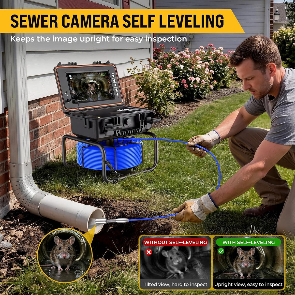 Anysun Sewer Camera, Drain Pipe Inspection Cam for DIY Home Plumbing | 1080P 9" IPS Screen, Self-Leveling, Distance Counter, 12 LEDs, Semi-rigid Cable, DVR 32GB, 5100mAh Rechargeable Battery