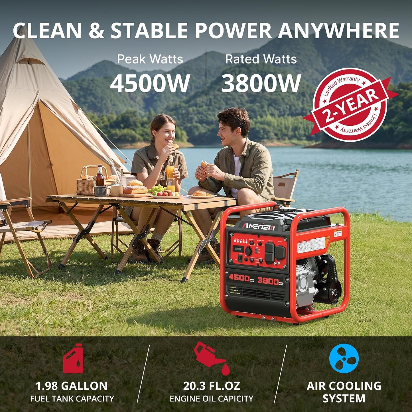 AMERISUN 4500W Open Frame Gas Inverter Generator, CO Alert, 30A RV Outlet | Parallel Ready & Eco Mode, Lightweight Portable Generator For RV Trips, Camping, Jobsites And Home Emergency Backup